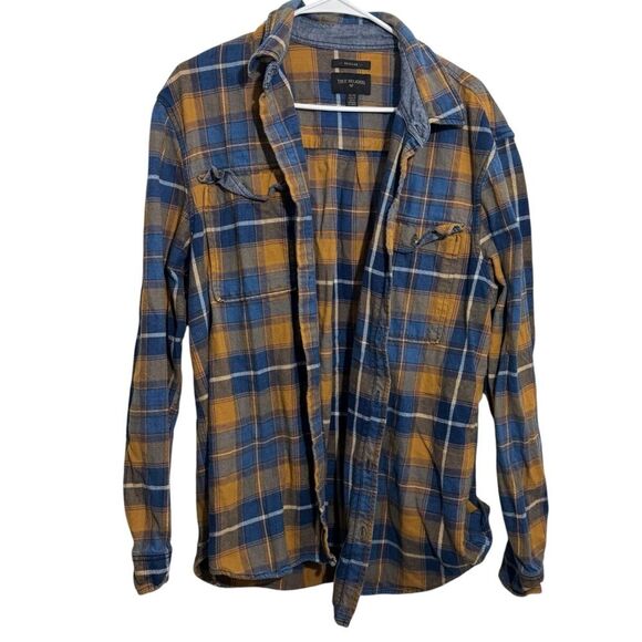 True Religion Jacquard Gold & Blue Button Down Plaid Flannel Shirt - Picture 1 of 6